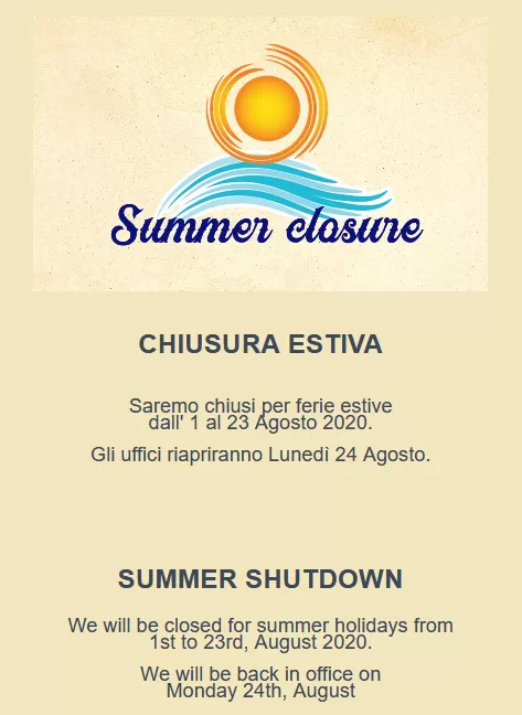 Chiusura estiva 2020 Chiusura estiva 2020